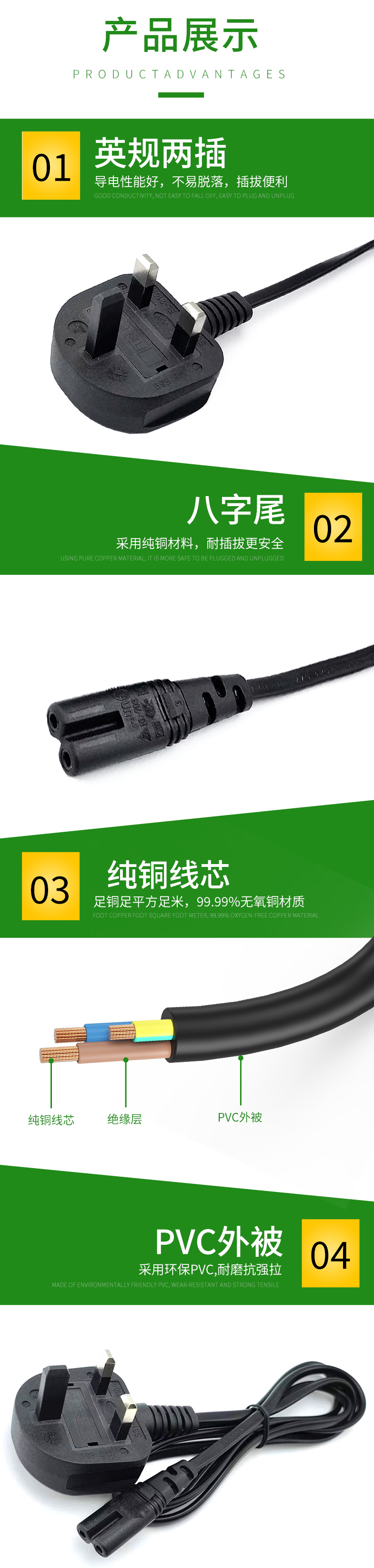 Two core British standard two plug eight tail power cord 0.75 square meter all copper core British two pin power plug cable