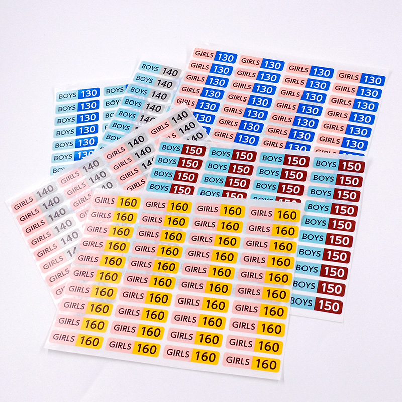 Printed by the printing factory, customized waterproof and strong adhesive Clothing sizes, pasted with number, color sticker