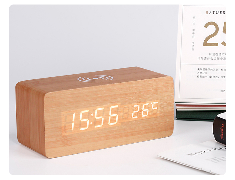 Chuangmite Wireless Charging Clock Intelligent Wireless Charging Function Voice Controlled Wooden Electronic Clock LED Digital Alarm Clock