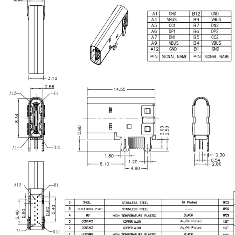 TYPE-C female base 14P side plug 90 degree DIP terminal 0.75 spacing 14.0L