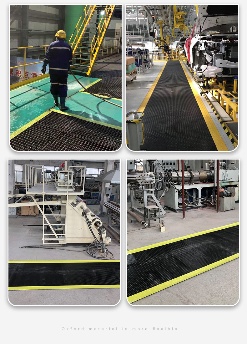 Workshop hallway with yellow warning edge and floor mat, rolled material, herringbone steel plate pattern, PVC plastic wear-resistant and anti-static carpet