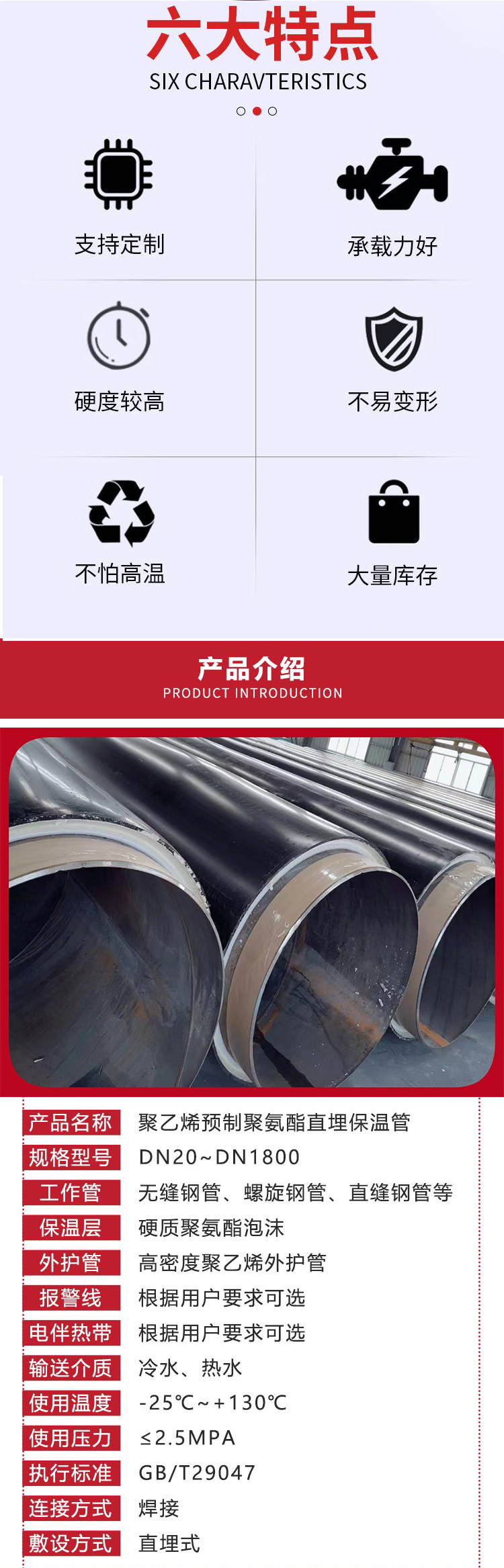 Heating dedicated polyurethane insulation pipeline, fiberglass hollow frame, rock wool thermal insulation steel pipe can be customized