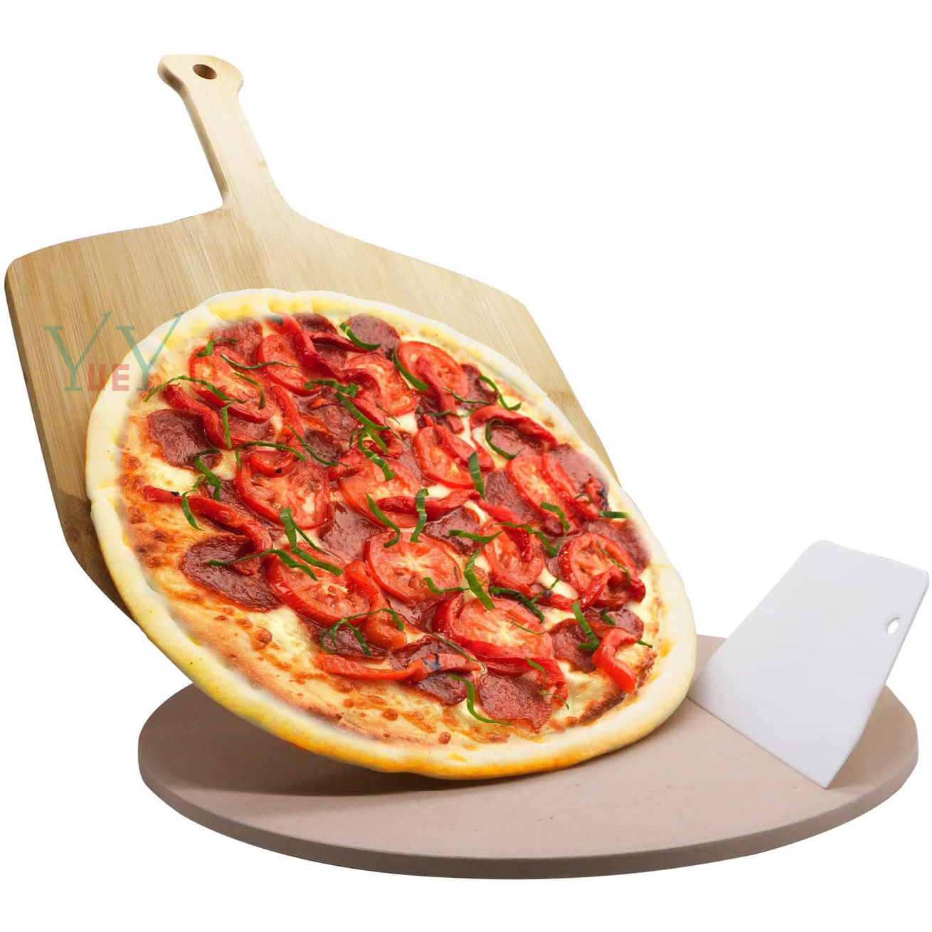 Pizza Stone Oven Set for Baking and Barbecue Pizza Stone Plate Wooden Pizza Plate Rolling Knife Pizza Stone Set