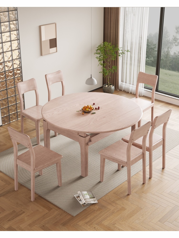 Nordic all solid wood dining table and chair manufacturer, small unit, cream style, original wood folding round dining table, white wax wood telescopic table