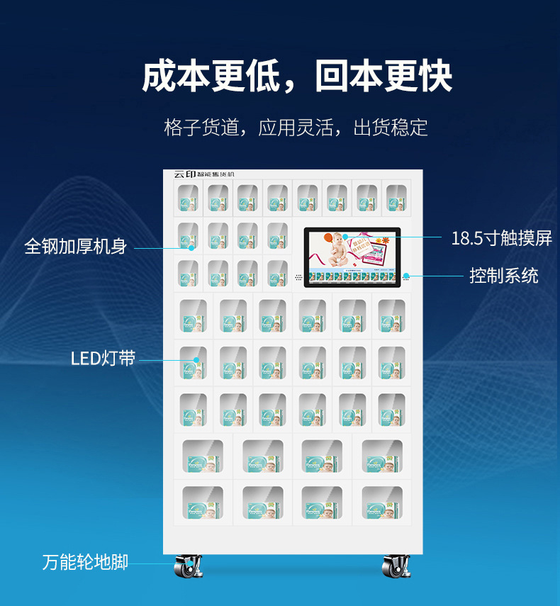 F1 18.5-inch touch screen cabinet with 42 doors, beverage and snack vending machine, food vending machine