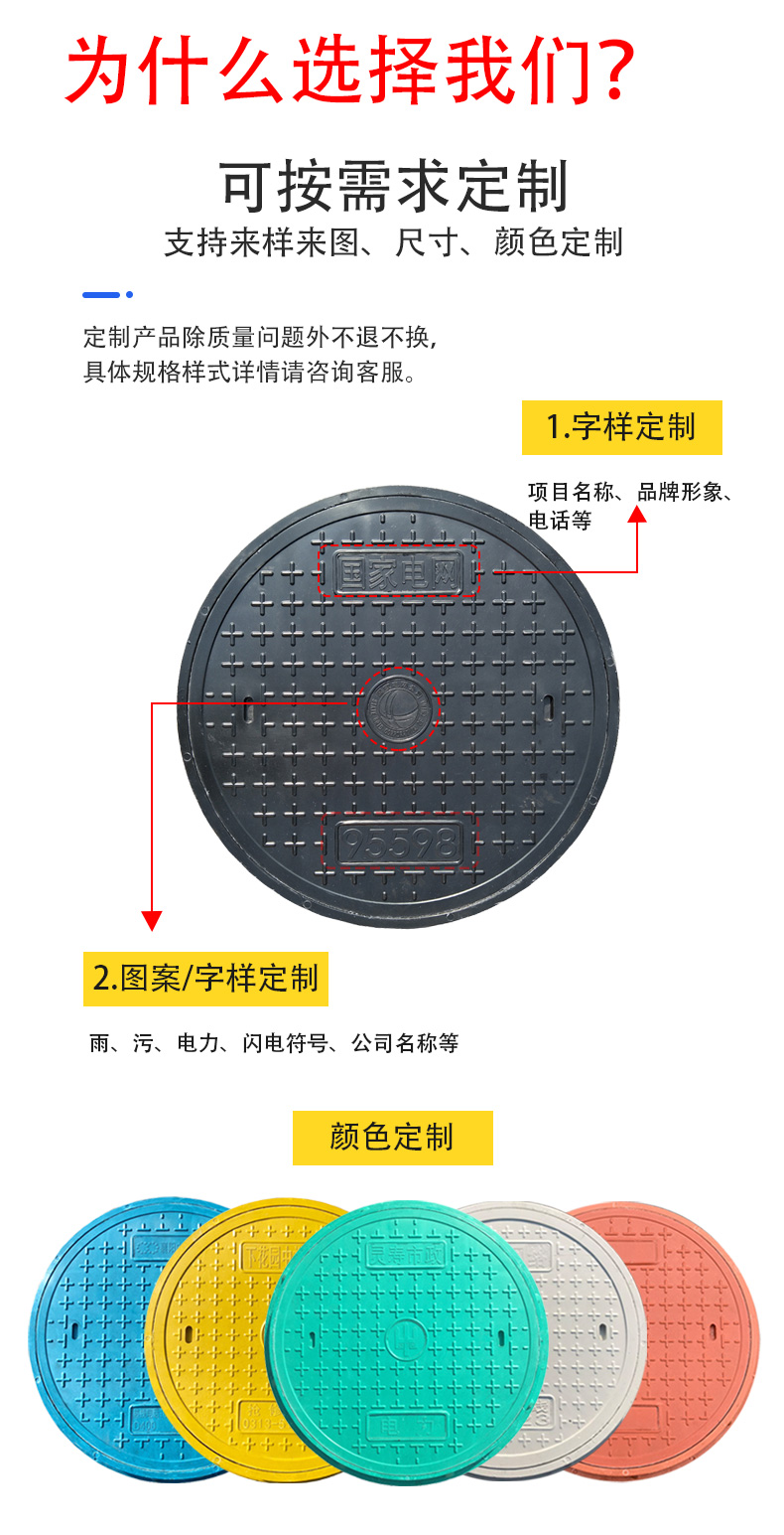 Municipal community, school, road manhole covers, resin composite materials, color and text customizable, complete specifications