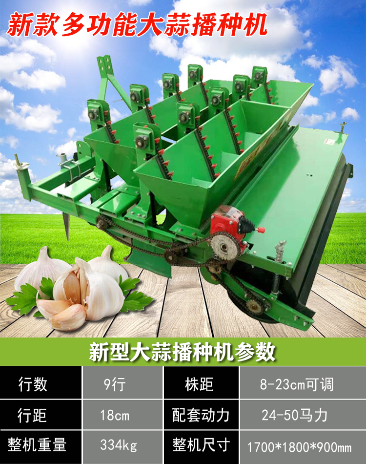 A New Type of Garlic Planter, a Four Wheel Tractor Driven Seeding Machine with 9 Rows of High Sprouting Rate Garlic Planter