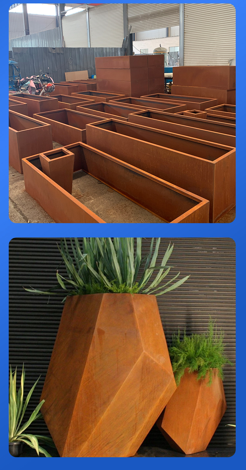 Weathering resistant steel rusty flower box, anti-corrosion iron art, outdoor flower bed decoration, planting box, rusty color, antique design, and production