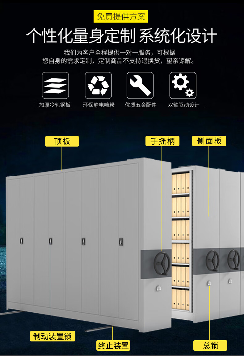 Steel mobile file cabinet can be customized, hand cranked grey white Filing cabinet per square meter