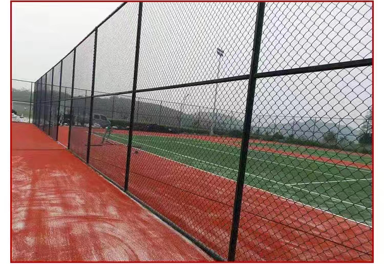 Sports field fence assembly type Japanese shaped frame guardrail, black green wrapped plastic diamond shaped hook mesh