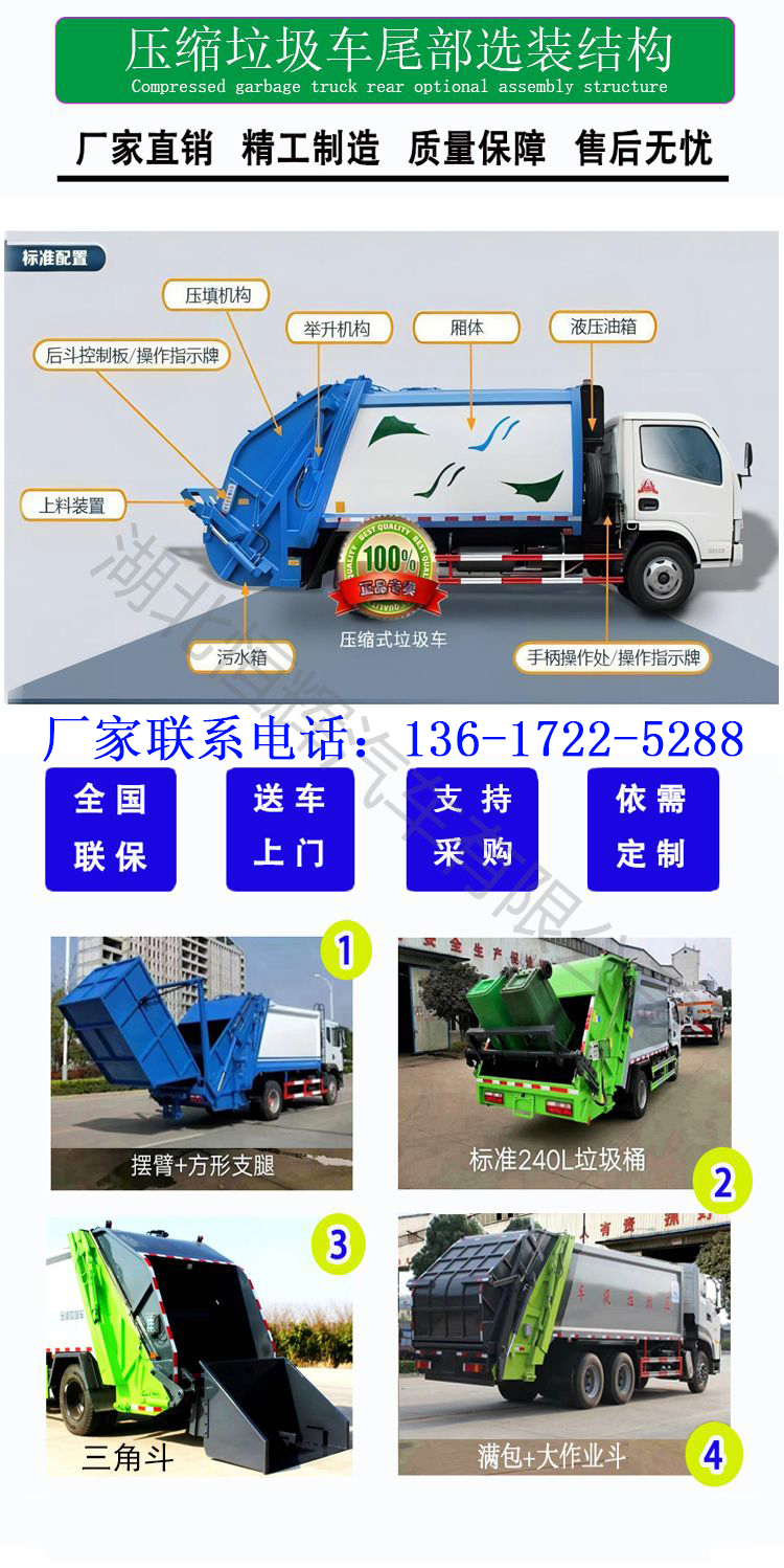 6-way compressed garbage truck Dongfeng Huashen Municipal Environmental Sanitation Garbage Treatment Transport Vehicle Equipment flips over after hanging the bucket