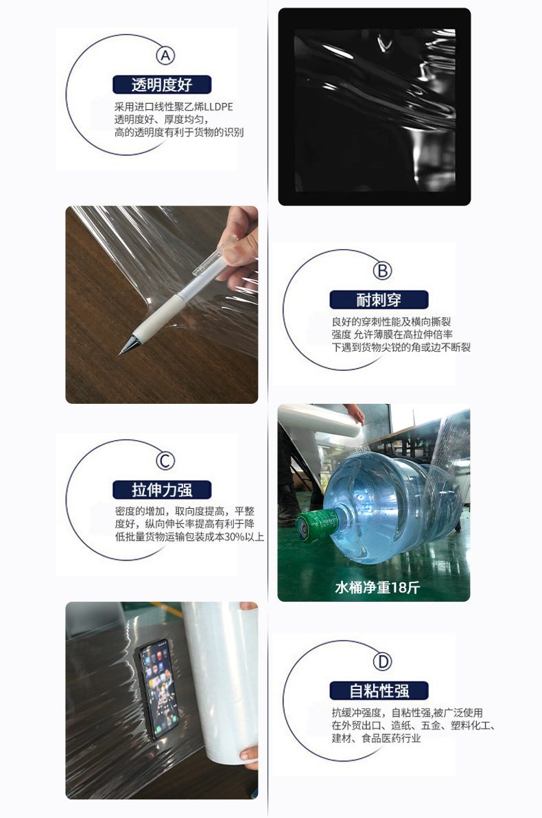 PE stretch film for machine use, wrapped around packaging boxes, pallets, fresh keeping, logistics, waterproof and moisture-proof packaging film