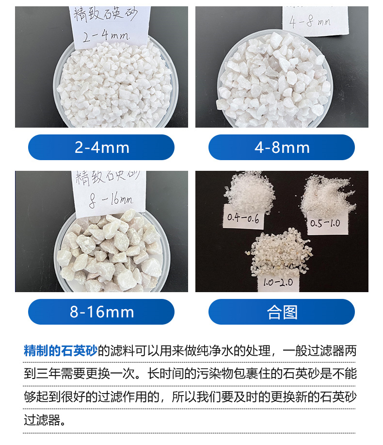 Supply purified water, refined quartz sand filter material, ton pack, small packaging, optional filter tank, material replacement, and bedding layer