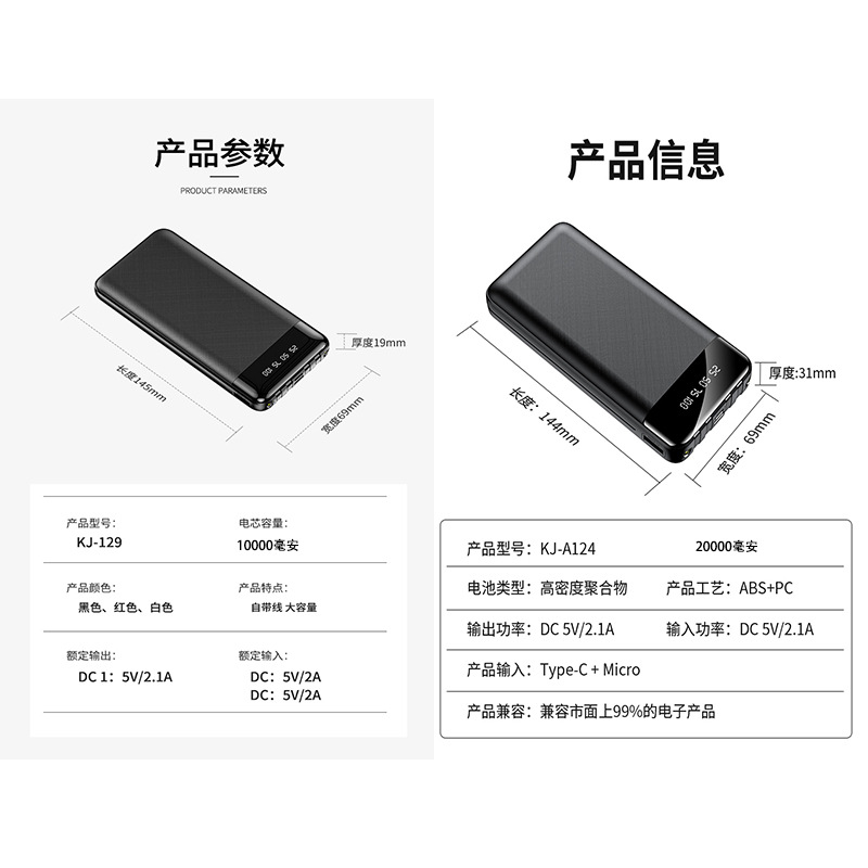 Customized gift logo for built-in cable fast charging 2A power bank 20000 milliampere large capacity mobile power supply