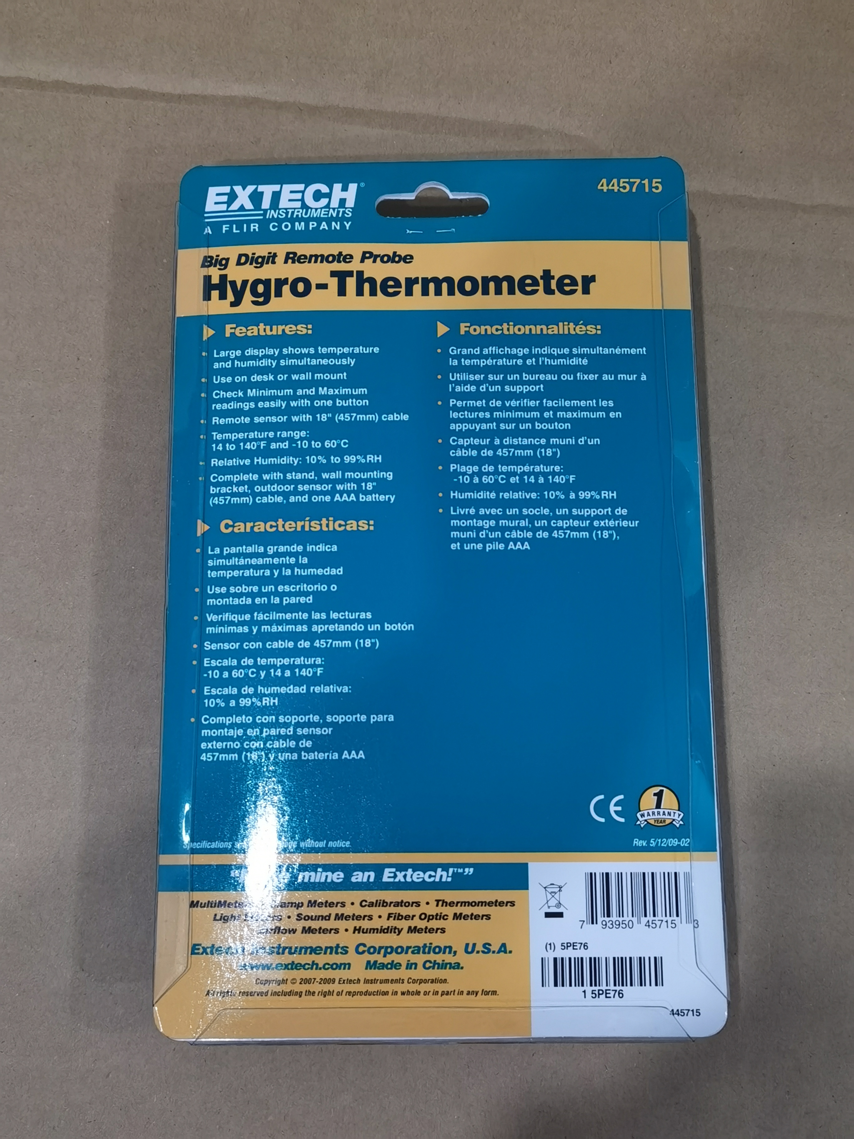 ESCO EXTECH 445715 large digital remote probe temperature Hygrometer