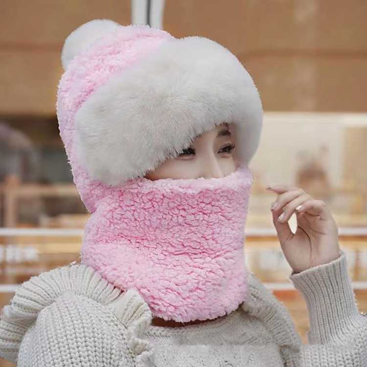 网红新款帽子围巾一体女冬季加厚围脖护耳连帽防寒保暖批发代发