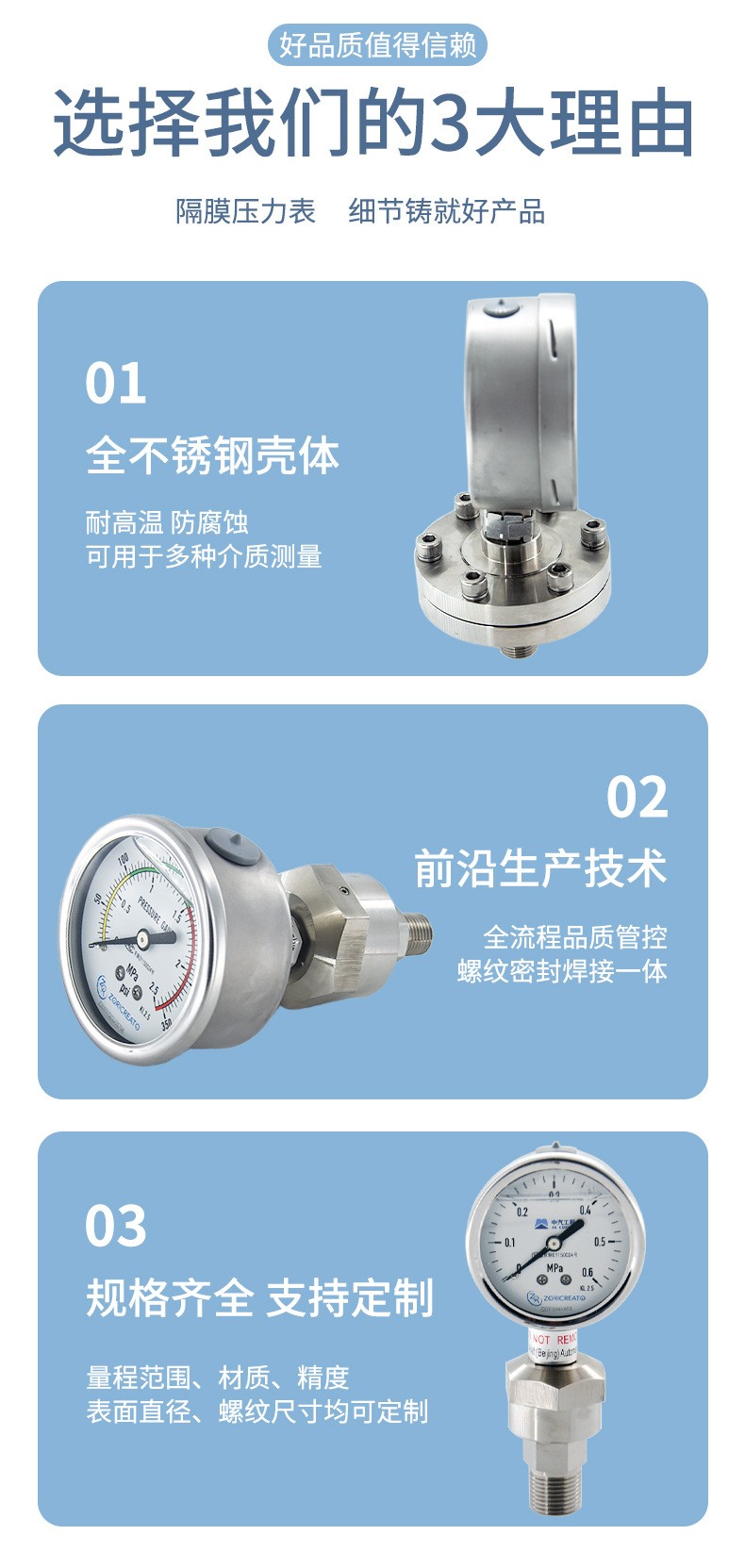 Zhuoran Tiangong Anti Blocking and Oil Filled UPVC Material Threaded Flange Connection Corrosion Resistant Diaphragm Shock Resistant Pressure Gauge