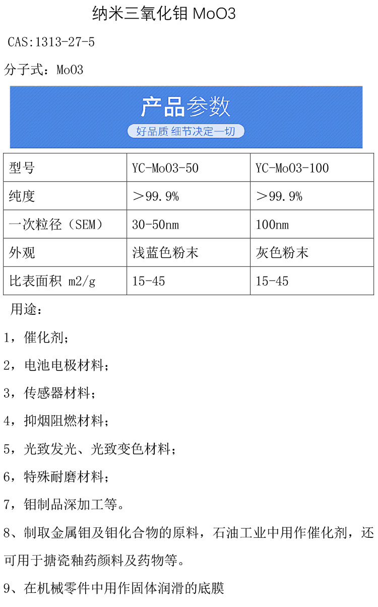 Nanometer Molybdenum trioxide can be used to supply high-purity nanometer molybdenum oxide powder dispersion