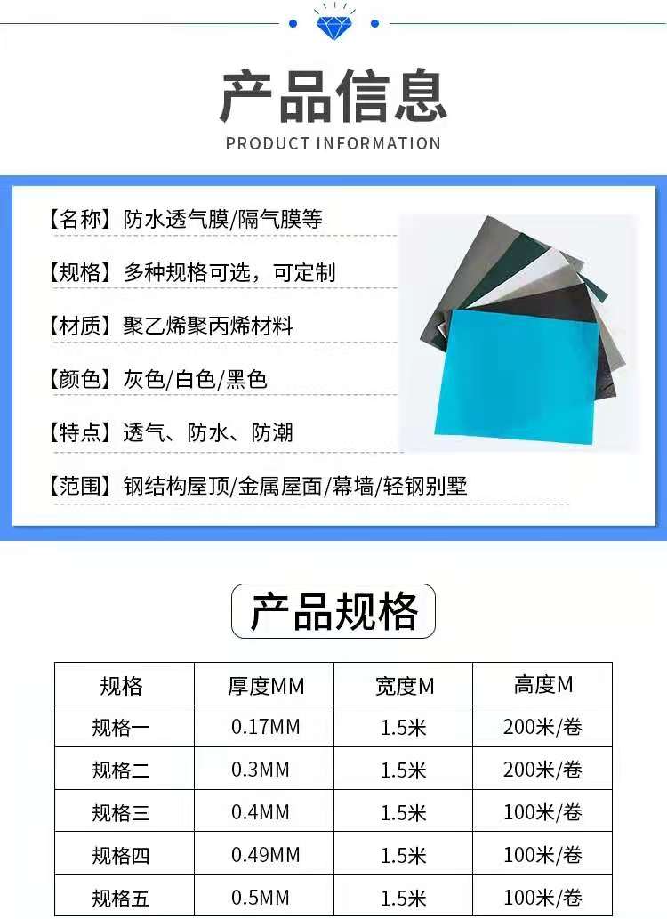 Steel structure roof, metal roof, polyethylene polypropylene material, waterproof and breathable film, air barrier film