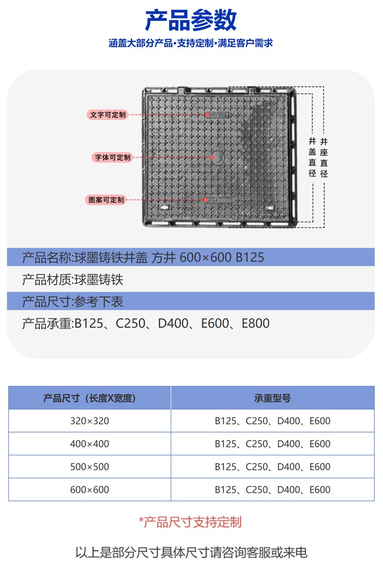 Light cast iron square well, ductile iron square well cover, community sewage and power inspection well cover plate, low bearing capacity, and low pedestrian movement