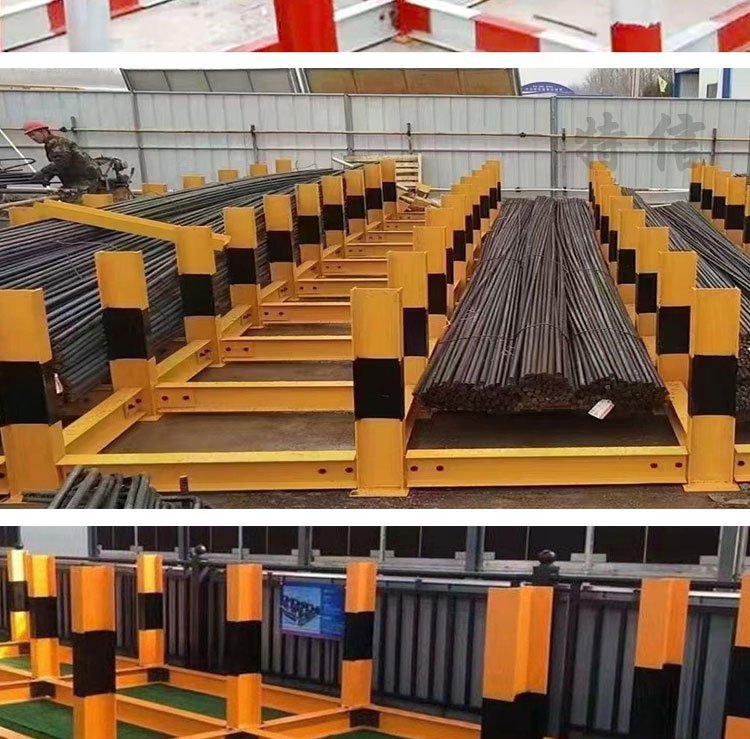 Scaffolds for placing steel bars on the construction site. Stacking of steel bars on the construction site. Scaffolds for steel bars on the construction site. Ruishuo has a large stock of steel bars in stock