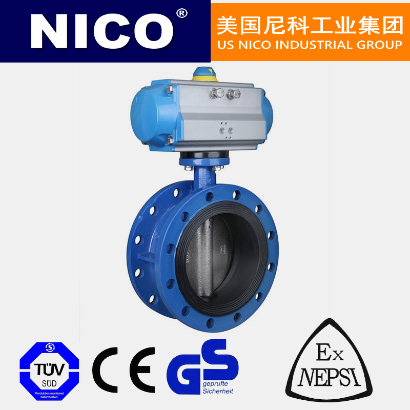 NICO imported pneumatic flange butterfly valve, double flange, soft sealing, rubber lined stainless steel plate, American Nico brand