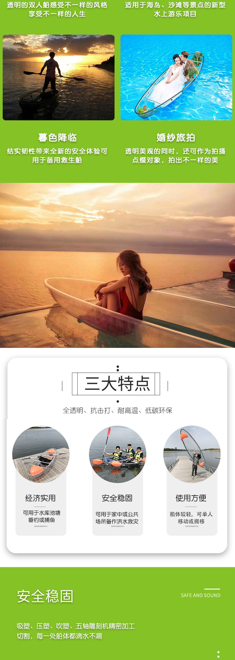 PC Transparent Boat Canoe Scenic Area, Park, Online Popular Tourism Resort, Polycarbonate Boat