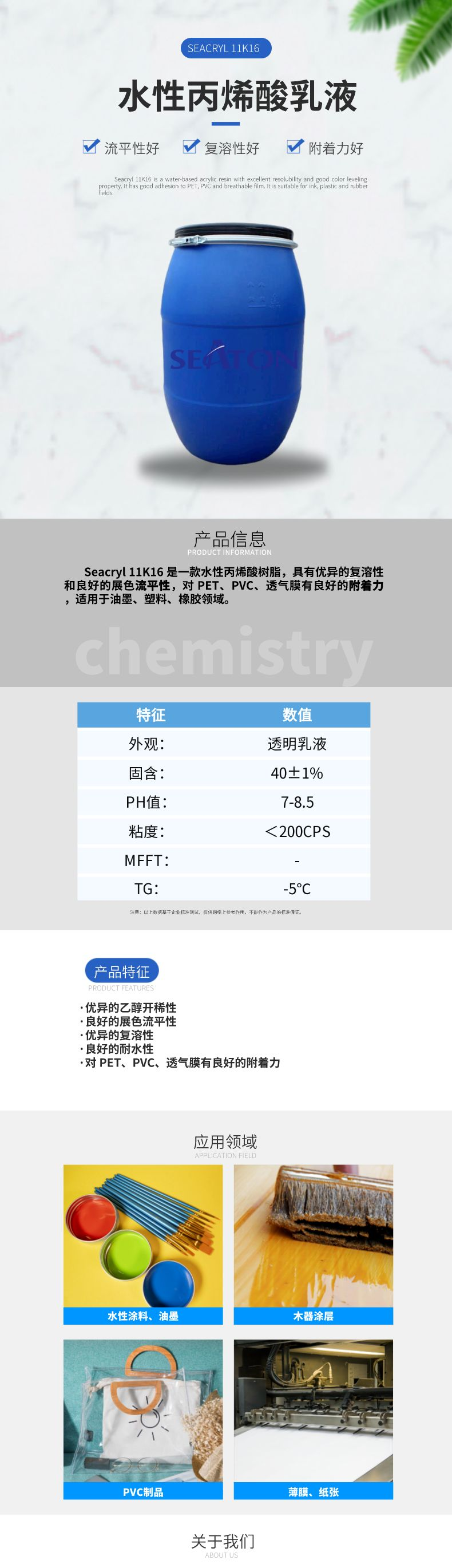 Acrylic lotion for Sidon 11K16 ink has good color spreading and leveling properties, and the water-based resin has good water re solubility