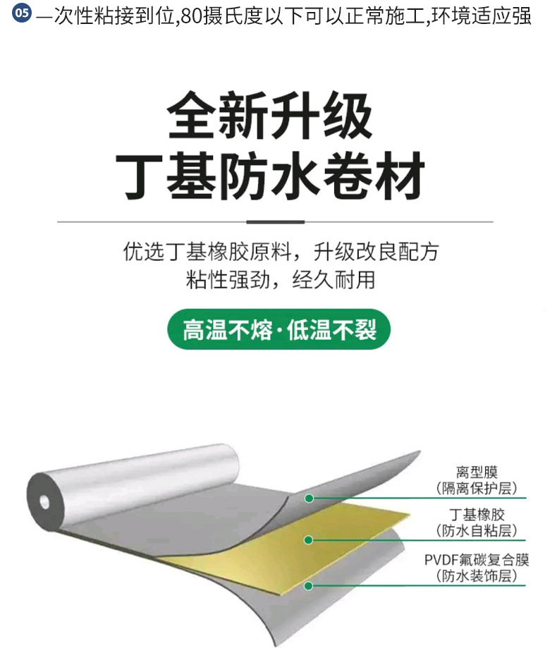 Double rainbow fluorocarbon film PVDF butyl rubber weather resistant self-adhesive waterproofing membrane construction is convenient and fast