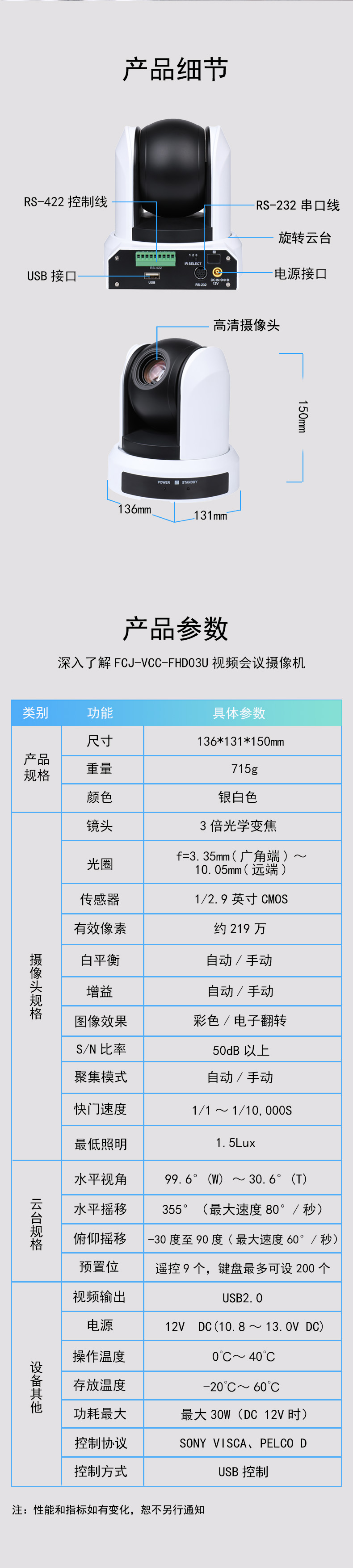 Yuantong FCJ-VCC-FHD03U Video Conference Camera 1080P Full HD 3x Optical Zoom