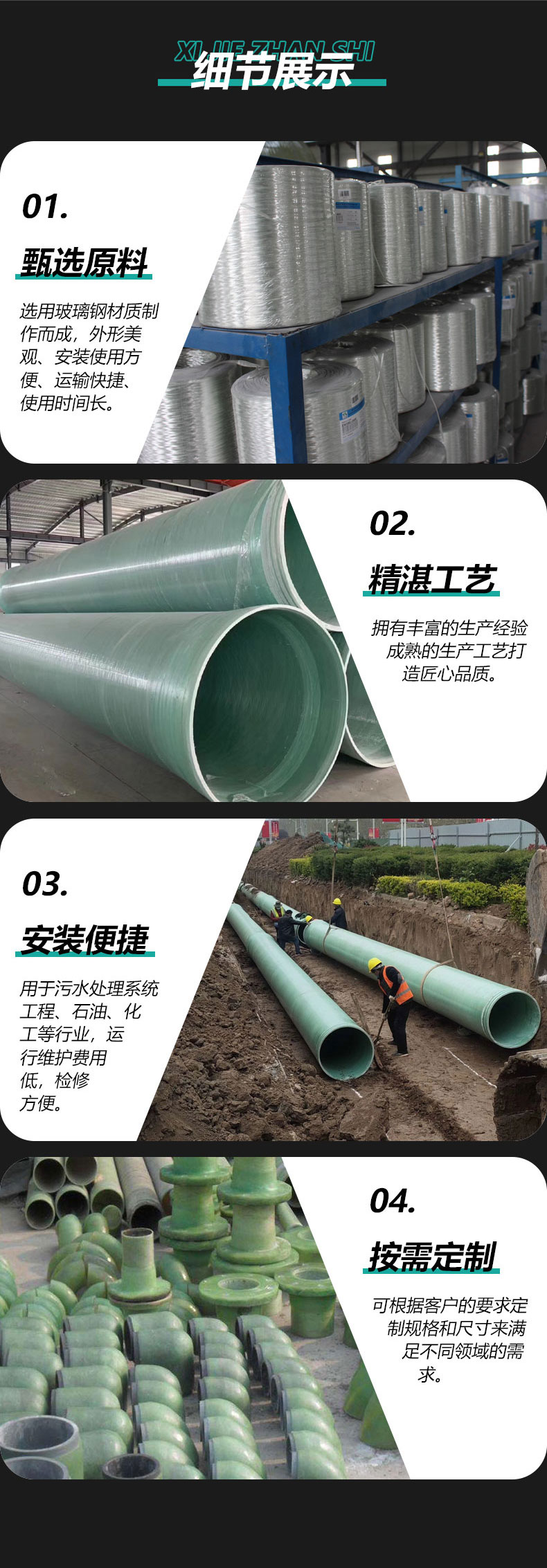 Sandwich pipe threading composite pipe, large diameter fiberglass reinforced plastic power process winding drainage pipeline