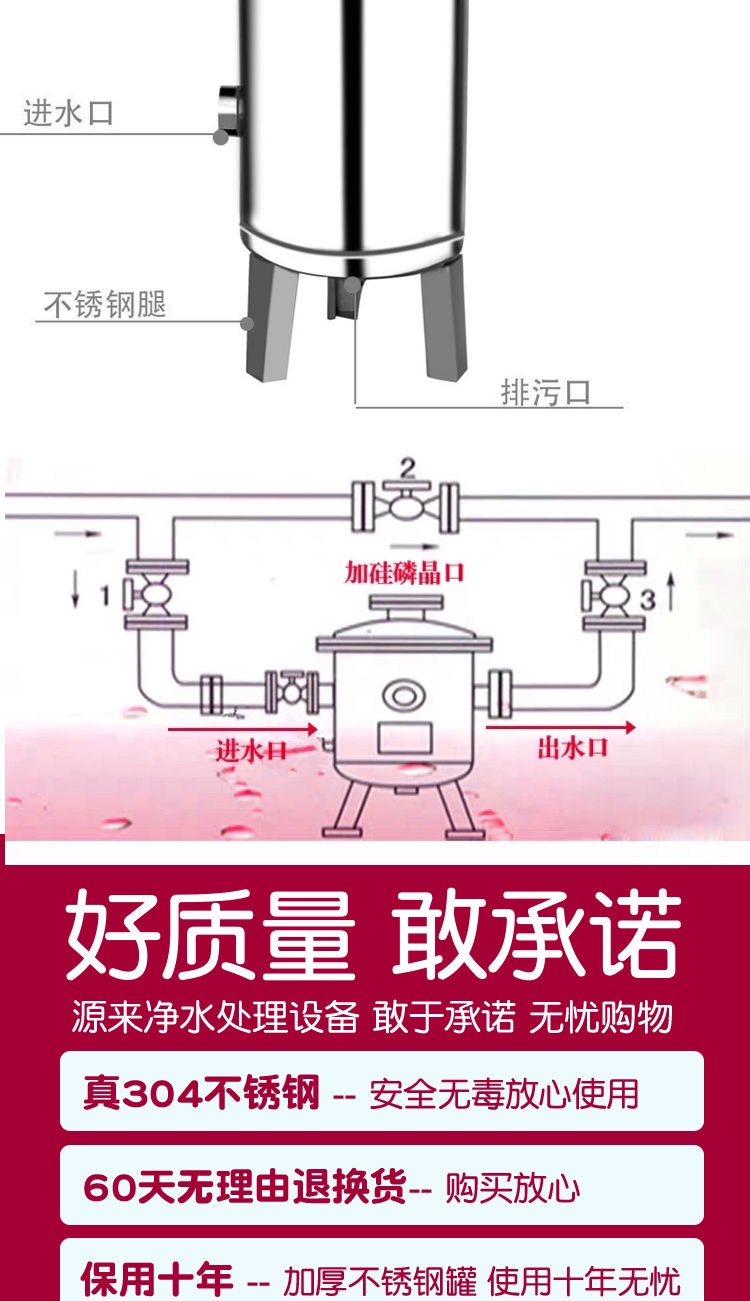 Stainless steel silicon phosphorus crystal tank descaling device, water softener, pre filter, boiler scale inhibitor dosing tank