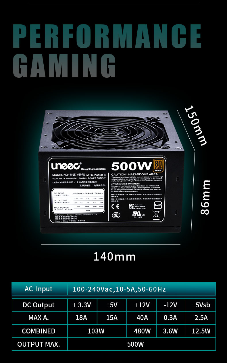 Chengming Computer Power Supply Active PFC Type 500W 80 PLUS Bronze International Certification Altitude Below 5000 meters