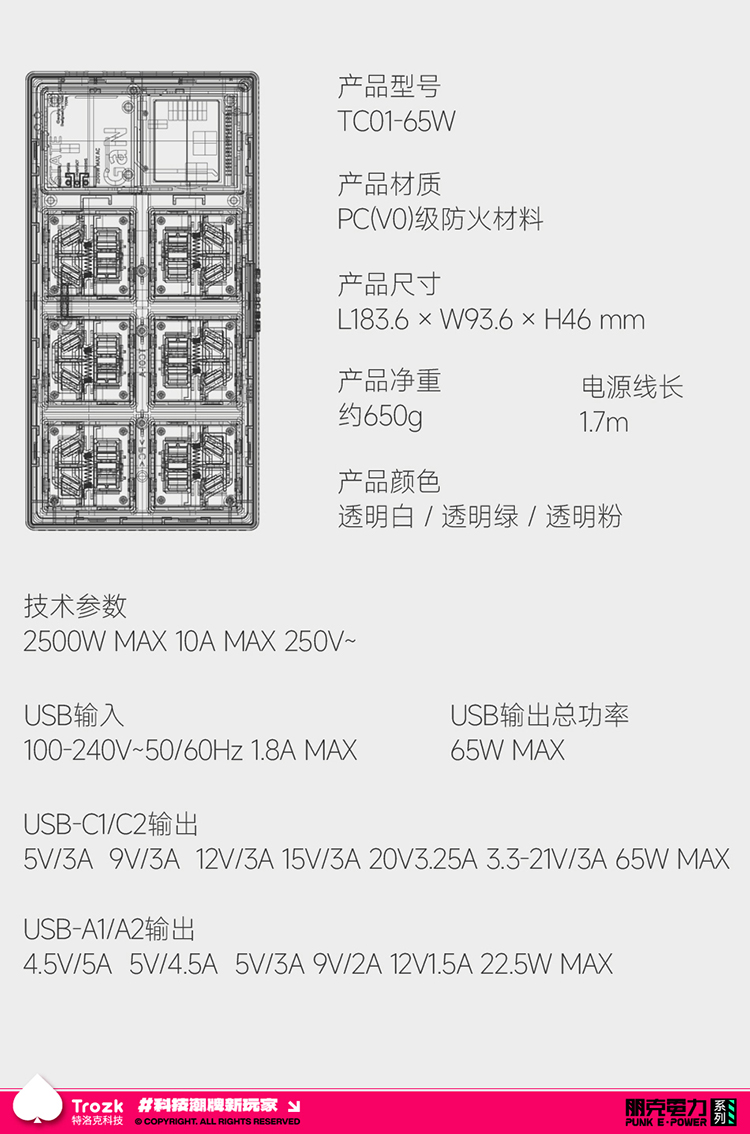 Smart Socket Trok · Punk Power · Hard Box 65 Digital Screen Visual Fast Charging Geek Style TC01-65W