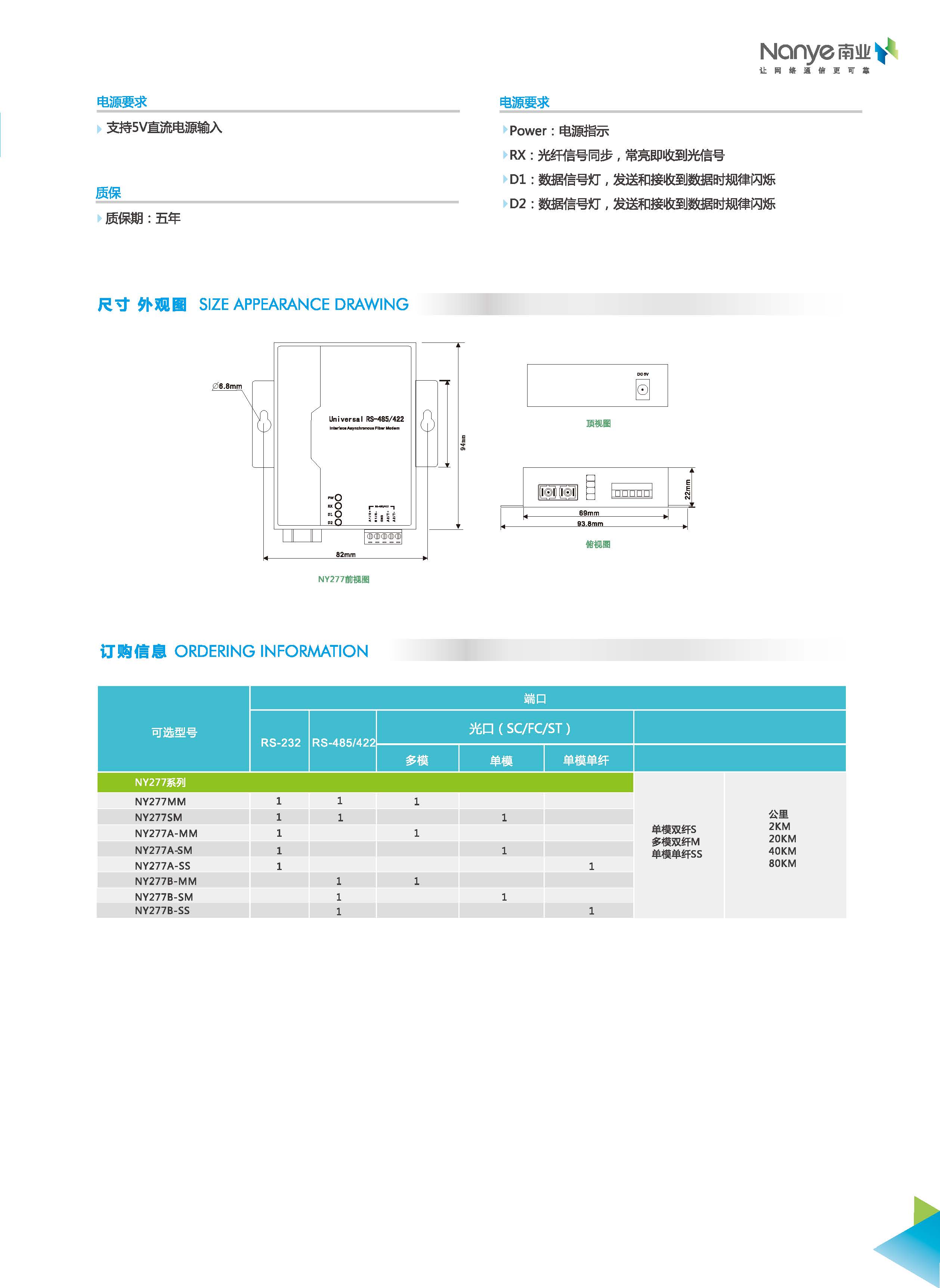 NY277 series interface fiber optic MODEM device RS-232/485/422 serial port fiber optic MODEM