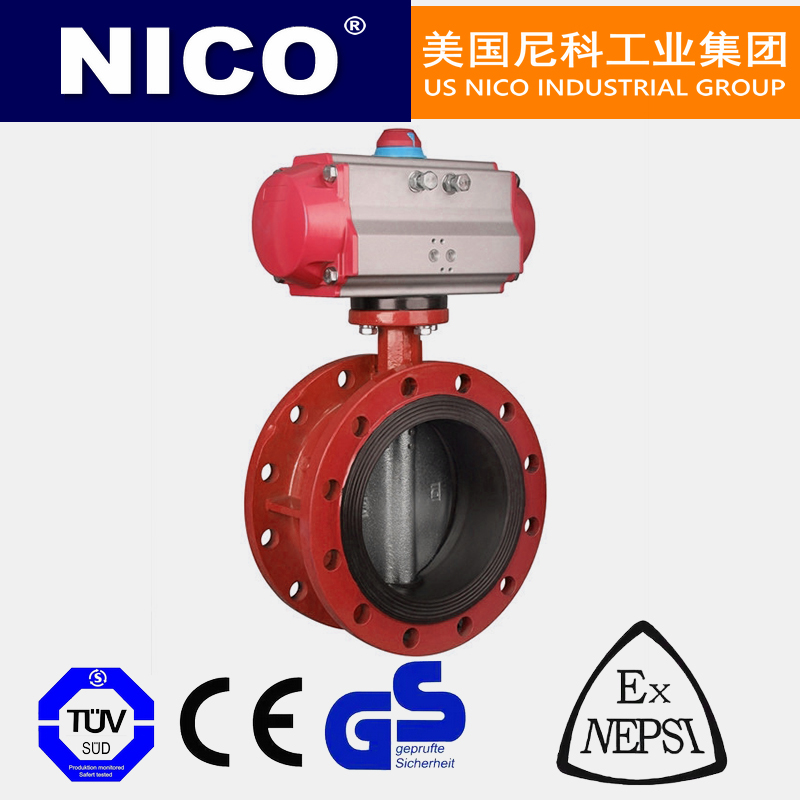 NICO imported pneumatic flange butterfly valve, double flange, soft sealing, rubber lined stainless steel plate, American Nico brand