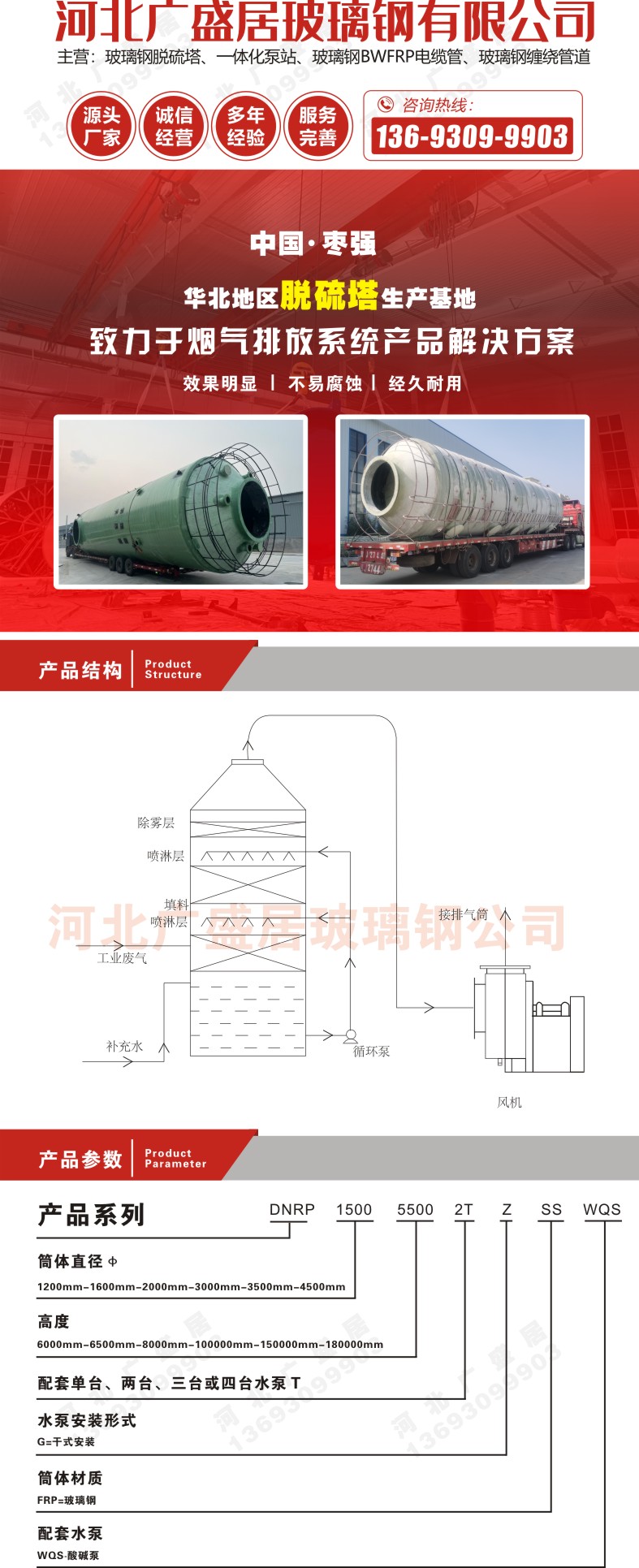 Customized fiberglass desulfurization tower, environmentally friendly waste gas treatment, absorption tower, chemical factory, acid mist purification tower, alkali washing spray tower