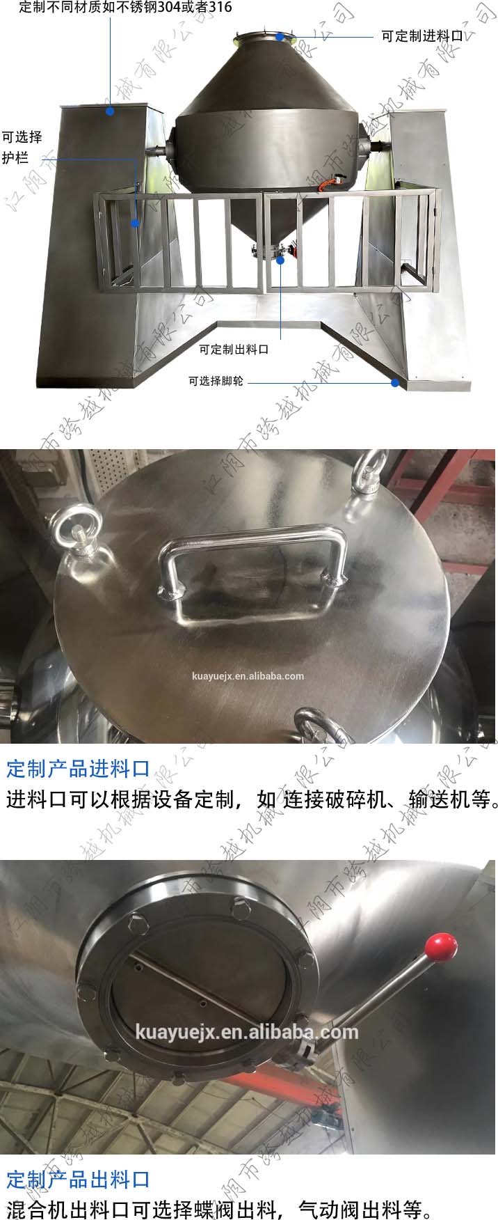 The discharge of the vacuum butterfly valve for polishing the inner and outer walls of the W-type double cone mixer is leak free and dust-free