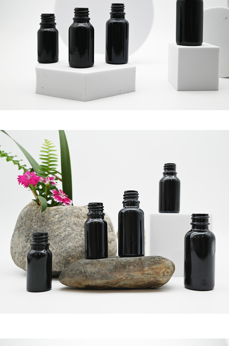 The manufacturer provides 5ml-100ml black essential oil bottles, empty bottles for cosmetic concentrate packaging, brown glass essential oil bottles