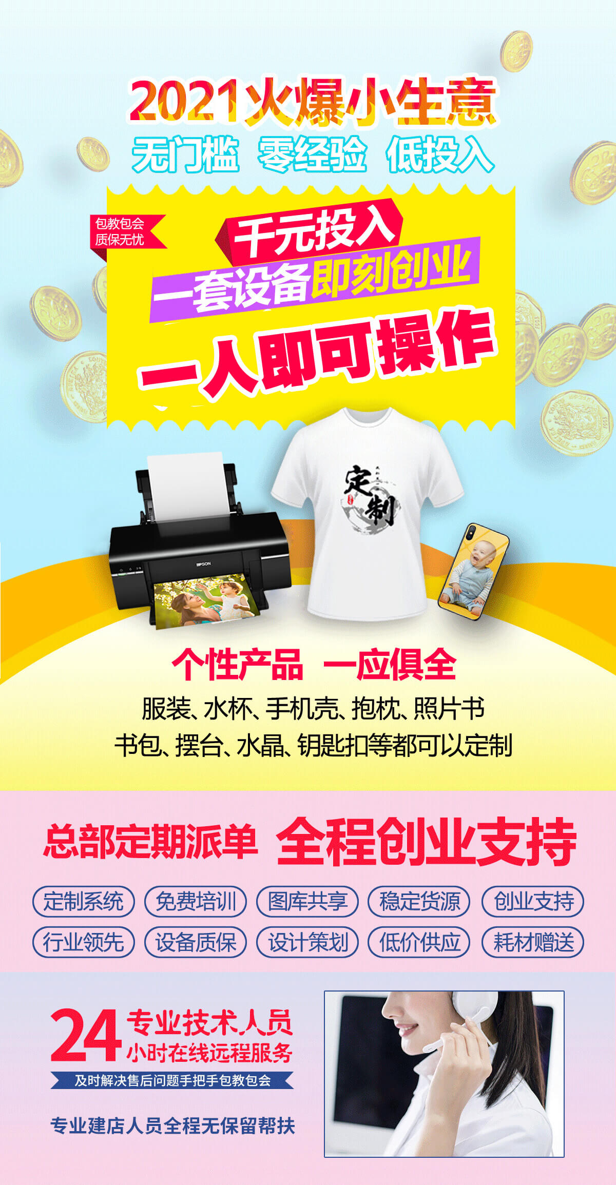 A complete set of machine equipment for printing on T-shirts at a stall. Mobile commercial UV heat transfer printing technology for guest quick printing