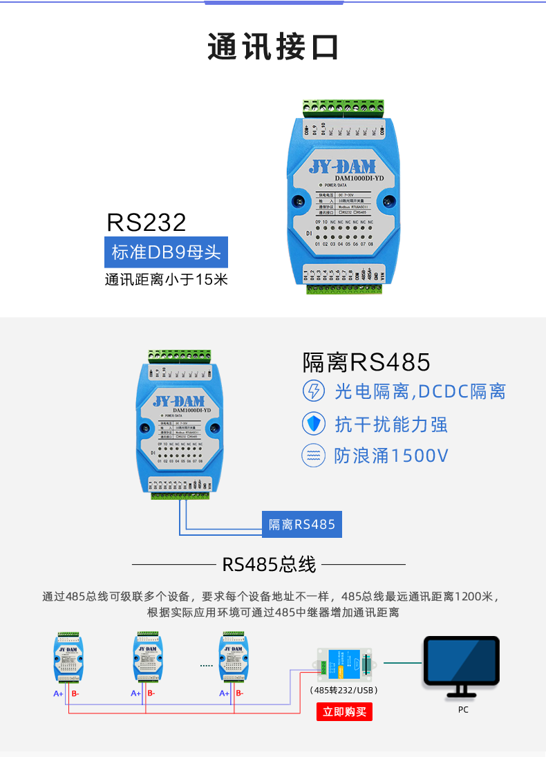 Juying DAM1000DI switch detection module optocoupler isolation input RS232/isolation RS485 communication