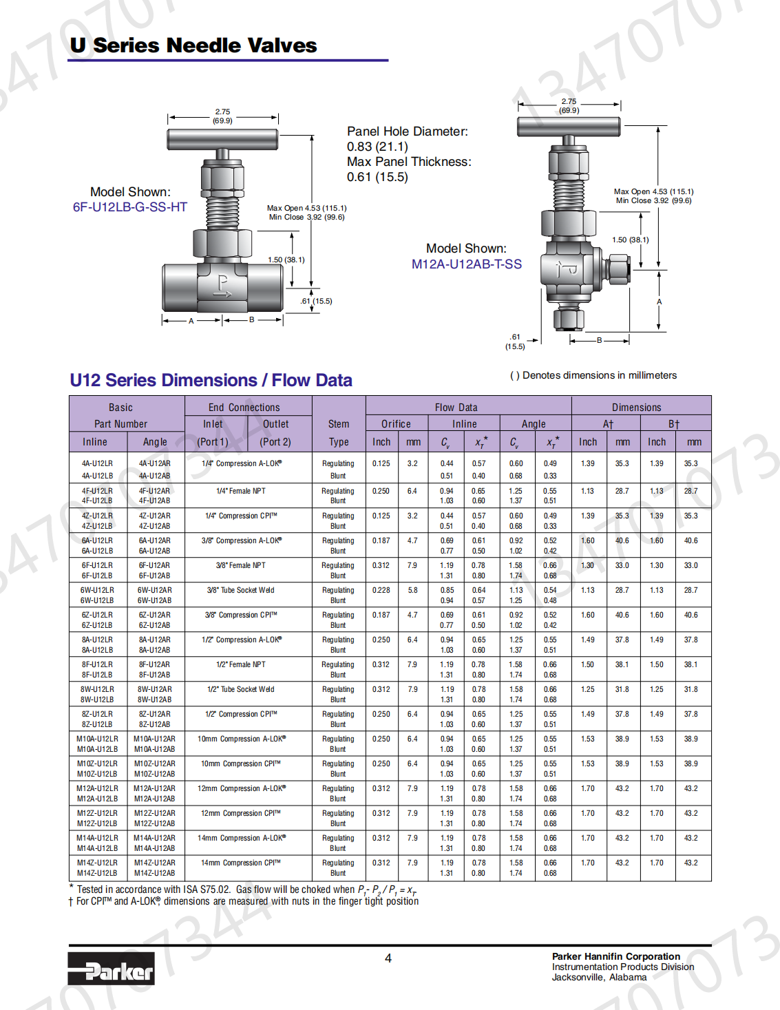 M14W-U12LB-G-SS-HT high-temperature needle valve with a pressure resistance of 41.4 MPa and a temperature resistance of 649 degrees Celsius, available in stock Parker needle valve