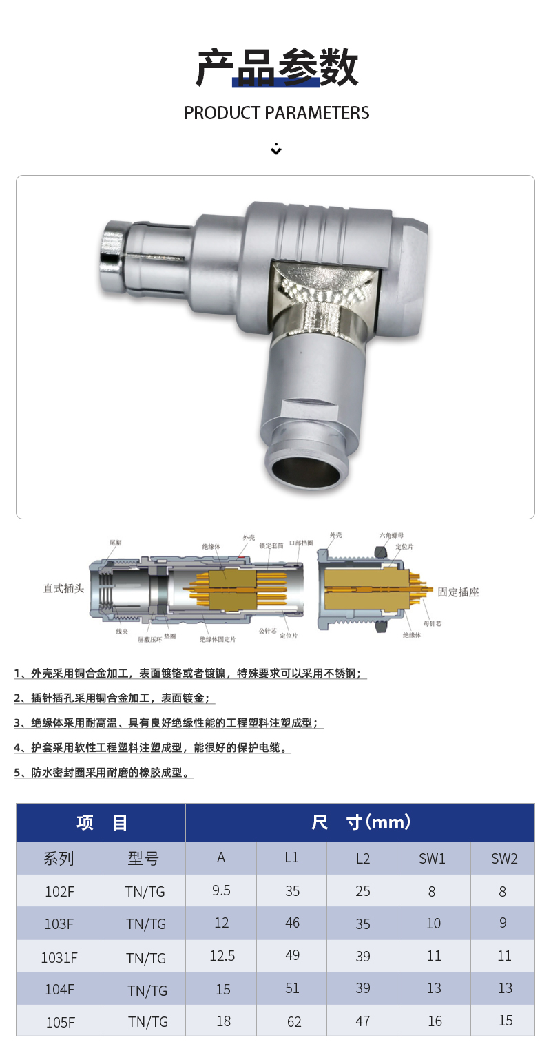 Pilot F series TH102F 2-core angled plug aviation connector waterproof and rust resistant