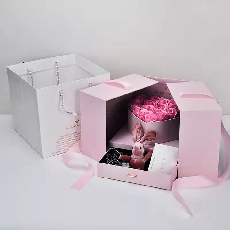 Happy Valentine's Day Creative Double Open Multi layered Shaped Drawer Box Jewelry Cosmetics Flower Gift Box Packaging