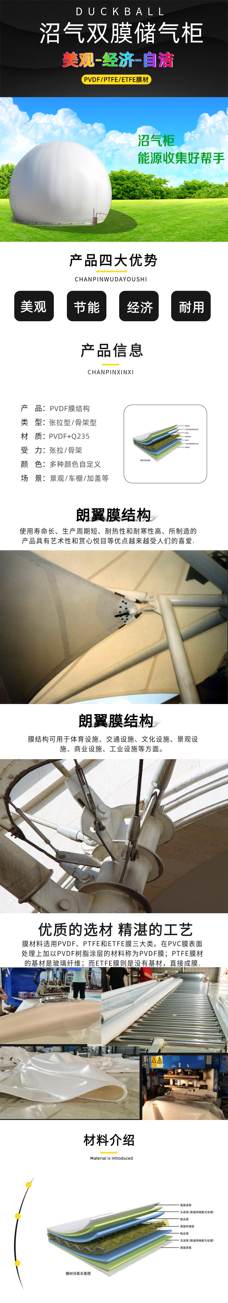 Biogas dual membrane storage tank Langyi Industrial Biogas Equipment Spherical PVDF membrane structure with stable operation and convenient installation