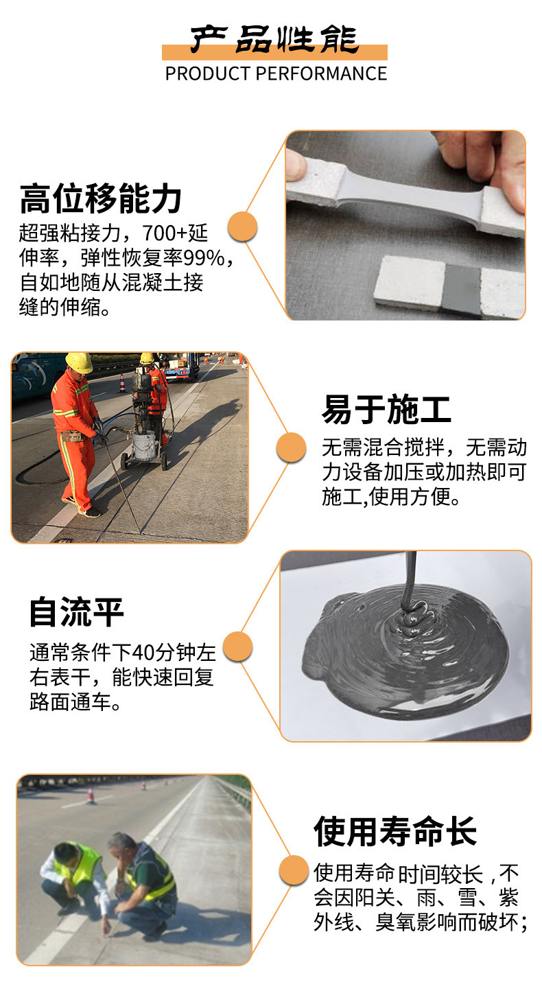 Low modulus road, rail transit, parking lot, square, cut joint, caulking joint, cold poured self-leveling polyurethane joint sealant