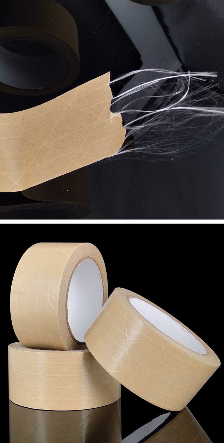 Kraft paper adhesive tape, high viscosity, water free, self-adhesive, biodegradable, and box sealing fixed with reinforcing bars and ribbon fibers. Kraft paper