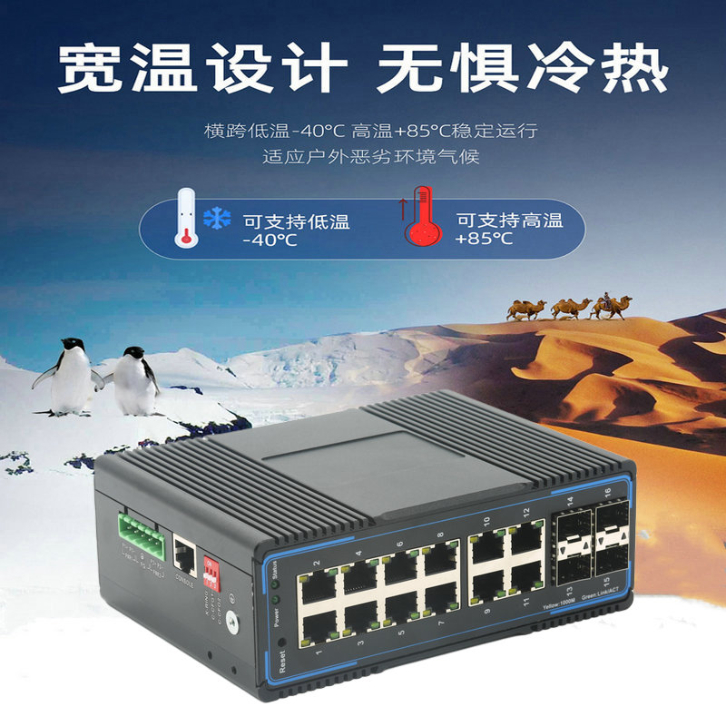 Gigabit 16 port 4 optical 12 electric Industrial Ethernet switch wide temperature rail type dual power redundancy backup lightning protection