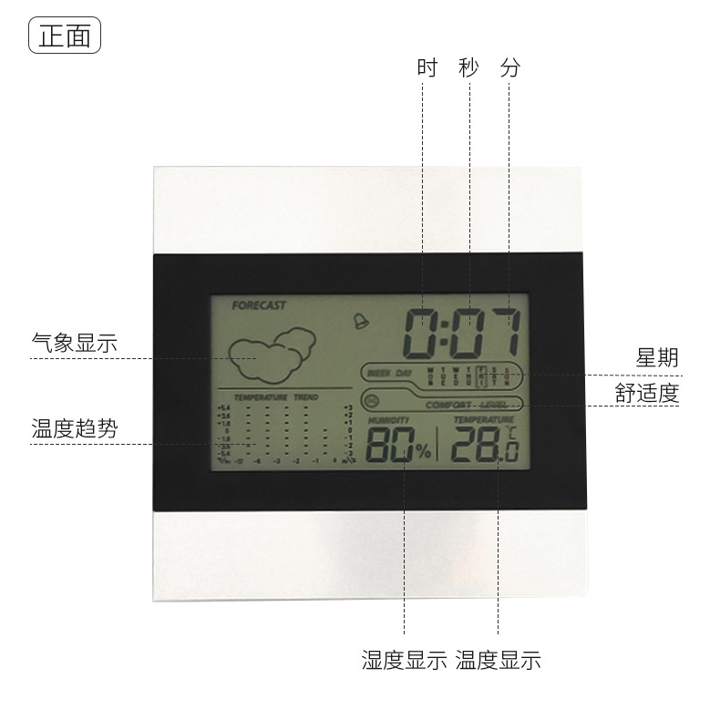 Electronic weather clock room temperature measurement table clock weather forecast clock temperature and humidity aluminum surface clock electronic LCD perpetual calendar