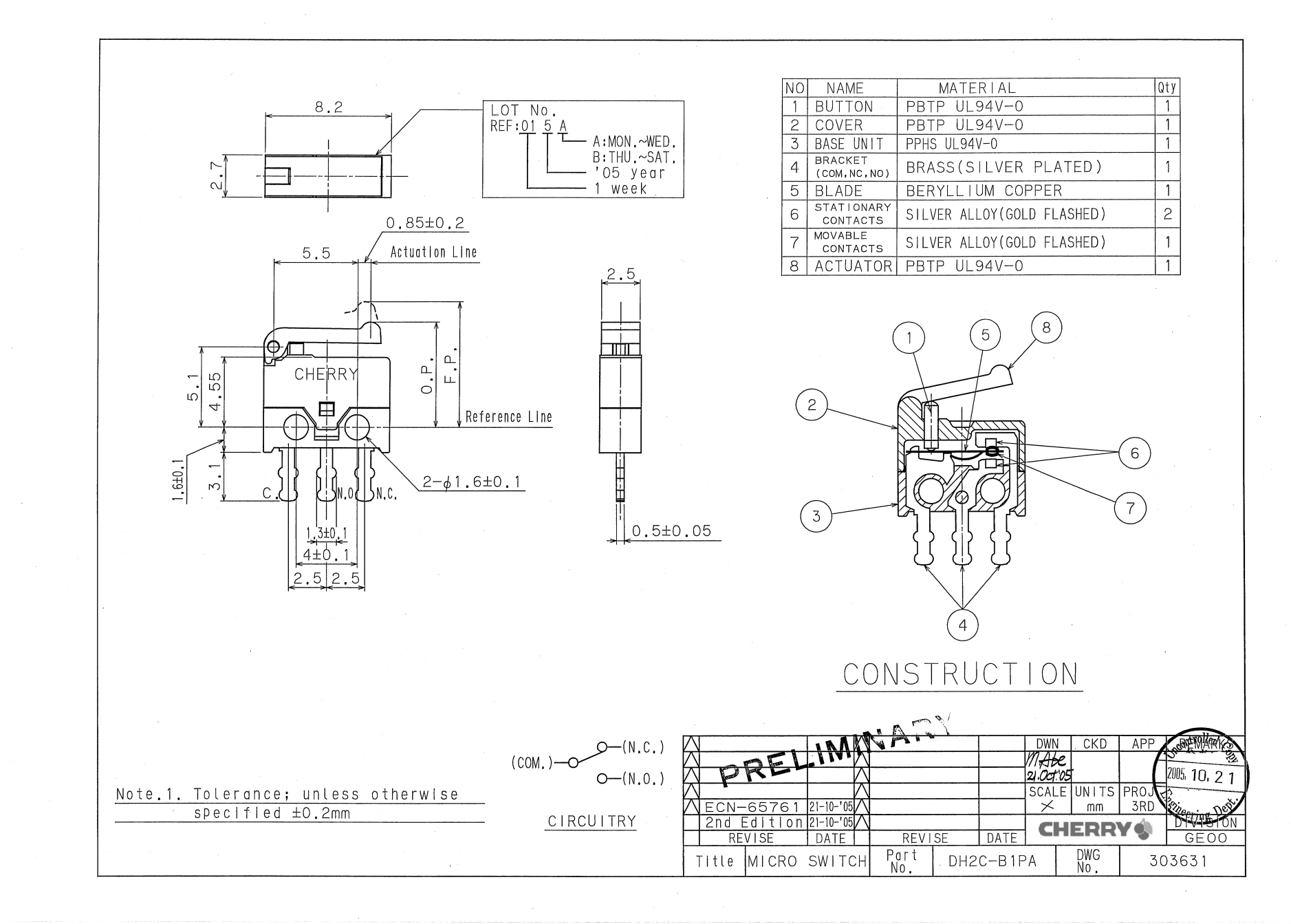 CHERRY DH2C-B1PA Subminiature Electric Meter Switch DH Series Low Current and Voltage Applications